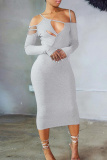 Grey Sexy Casual Solid Hollowed Out Patchwork Oblique Collar Long Sleeve Dresses