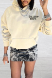 Cream White Casual Print Patchwork Hooded Collar Tops
