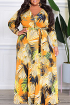 Yellow Casual Print Patchwork V Neck Plus Size Dresses