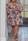 Coffee Casual Print Patchwork O Neck Long Sleeve Plus Size Dresses