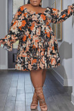 Yellow Casual Print Patchwork O Neck Long Sleeve Plus Size Dresses