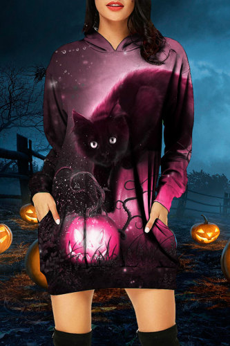 Black Pink Halloween Pumpkin Cat Print Long Sleeve Loose Straight Hooded Mini Dress