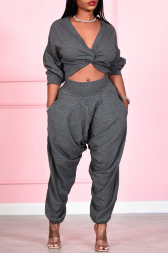 Grey Casual Solid Patchwork V Neck Long Sleeve Two Pieces