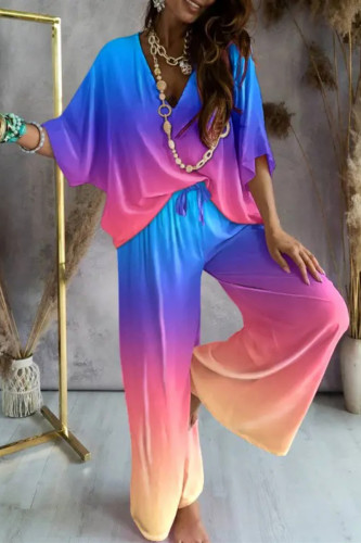 Colour Casual Print Patchwork V Neck Half Sleeve Two Pieces