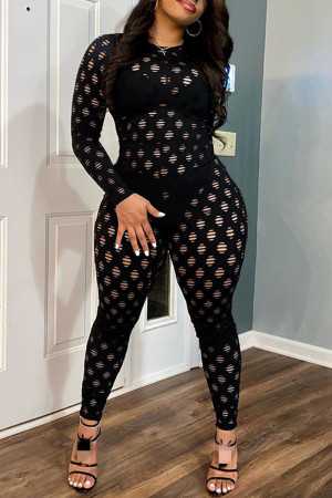 Black Sexy Solid Ripped Hollowed Out See-through O Neck Skinny Jumpsuits