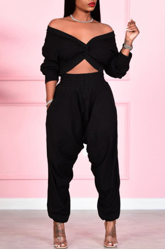 Black Casual Solid Patchwork V Neck Long Sleeve Two Pieces