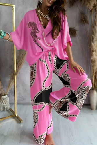 Rose Red Casual Print Patchwork V Neck Half Sleeve Two Pieces