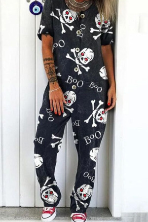 Black White Street Print Patchwork Buckle Straight Jumpsuits