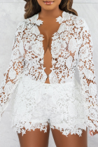 White Sexy Solid Lace V Neck Long Sleeve Two Pieces