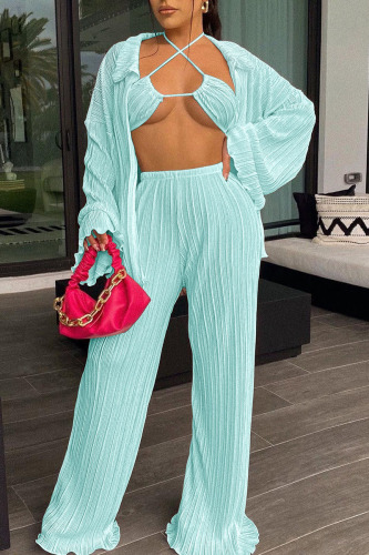 Cyan Sexy Solid Patchwork Fold Long Sleeve Three Pieces