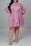 Pink Casual Solid Patchwork Buckle With Belt A Line Plus Size Dresses
