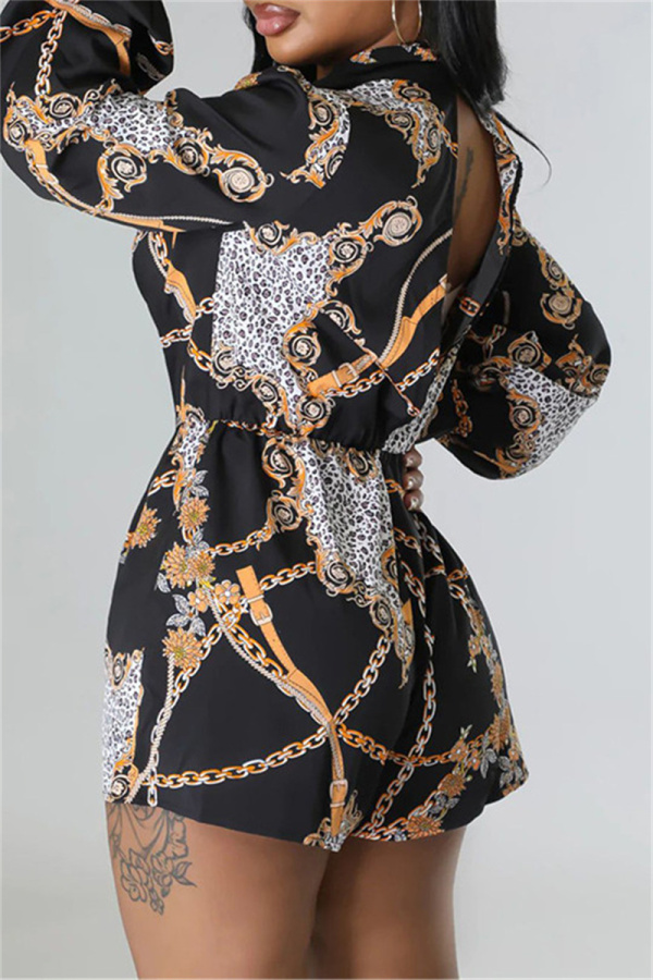 Casual Print Patchwork Strap Design U Neck Loose Rompers