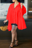 Red Casual Solid Patchwork Asymmetrical Turndown Collar Shirt Dress