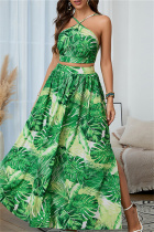 Green Sexy Print Backless Spaghetti Strap Sleeveless Two Pieces