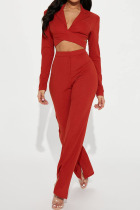Brick Red Sexy Solid Patchwork Slit Asymmetrical Turn-back Collar Long Sleeve Two Pieces