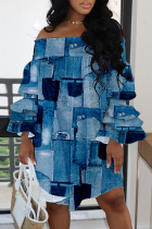 Blue Casual Print Patchwork Off the Shoulder Long Sleeve Plus Size Dresses