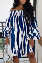 Blue White Casual Print Patchwork Off the Shoulder Long Sleeve Plus Size Dresses