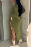 Army Green Casual Solid Slit V Neck Long Sleeve Dresses