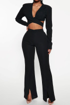 Black Sexy Solid Patchwork Slit Asymmetrical Turn-back Collar Long Sleeve Two Pieces