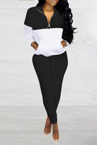 Black Casual Solid Patchwork Zipper Collar Long Sleeve Two Pieces