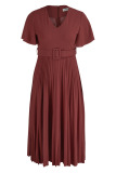 Red Bean Paste Casual Elegant Solid Patchwork Fold O Neck A Line Dresses