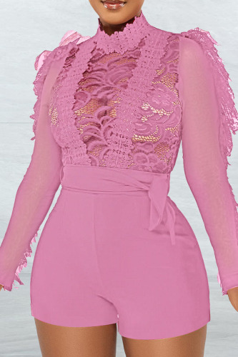 Pink Sexy Solid Hollowed Out Patchwork See-through Half A Turtleneck Regular Rompers