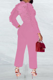 Pink Sexy Solid Patchwork See-through Half A Turtleneck Straight Jumpsuits
