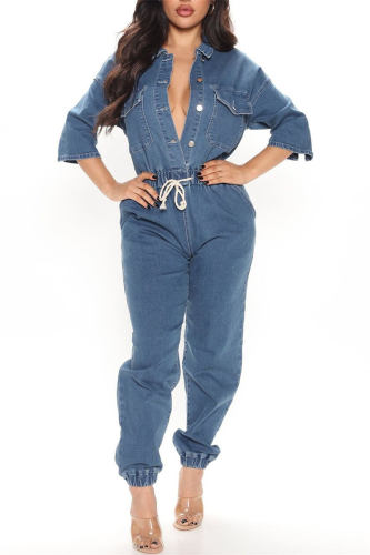 Deep Blue Casual Solid Patchwork Turndown Collar Regular Jumpsuits