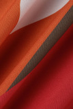 Tangerine Red Casual Print Bandage Patchwork Turndown Collar Long Sleeve Dresses