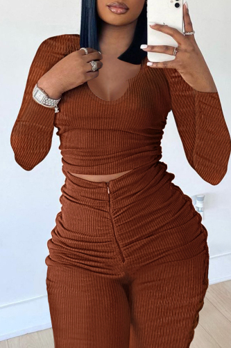 Brownness Fashion Casual Sweet Solid Fold O Neck Long Sleeve Two Pieces