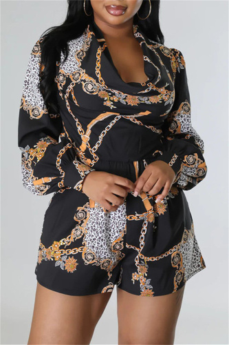 Black Casual Print Patchwork O Neck Regular Long Sleeves Romper