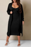 Black Casual Solid Patchwork Spaghetti Strap Long Sleeve Two Pieces