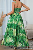 Green Sexy Print Backless Spaghetti Strap Sleeveless Two Pieces