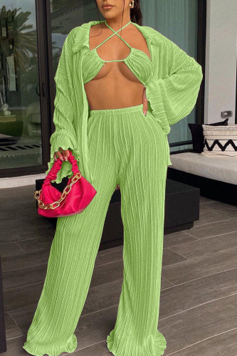 Green Yellow Sexy Solid Patchwork Fold Long Sleeve Three Pieces