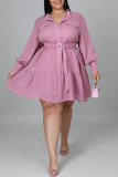 Pink Casual Solid Patchwork Buckle With Belt A Line Plus Size Dresses