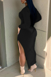 Black Casual Solid Slit V Neck Long Sleeve Dresses