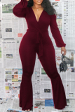Purple Fashion Casual Solid Bandage V Neck Boot Cut Jumpsuits