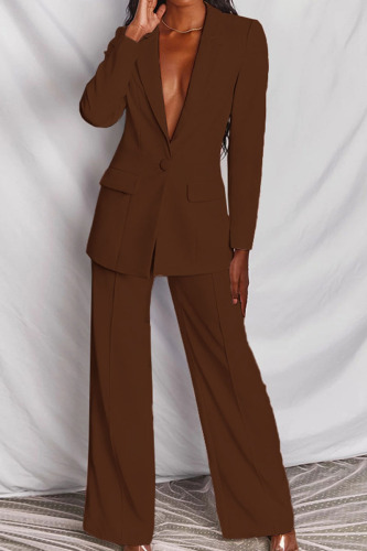 Coffee Casual Solid Buttons Turn-back Collar Long Sleeve Two Pieces
