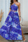 Blue Sexy Print Backless Spaghetti Strap Sleeveless Two Pieces