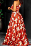 Red Elegant Print Patchwork Oblique Collar Dresses
