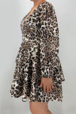 Leopard Print Casual Print Leopard Patchwork V Neck Long Sleeve Plus Size Dresses
