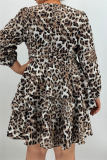 Leopard Print Casual Print Leopard Patchwork V Neck Long Sleeve Plus Size Dresses