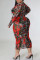 Red Sexy Casual Print See-through O Neck Long Sleeve Plus Size Dresses