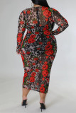 Red Sexy Casual Print See-through O Neck Long Sleeve Plus Size Dresses