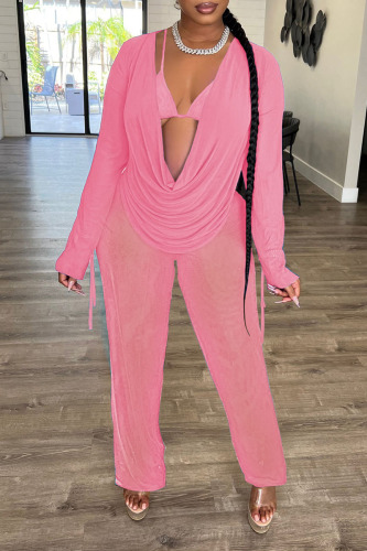 Pink Sexy Solid Patchwork Frenulum See-through Backless Asymmetrical V Neck Long Sleeve Two Pieces