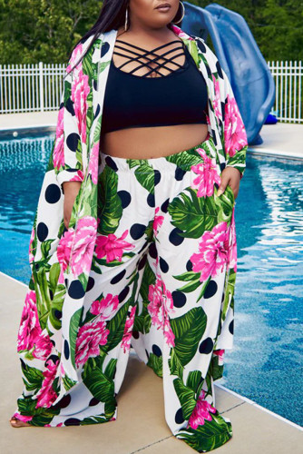 White Casual Print Cardigan Pants Plus Size Two Pieces (Without Vest )