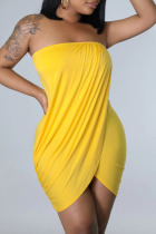 Yellow Sexy Solid Patchwork Asymmetrical Strapless One Step Skirt Dresses