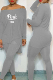 Grey Casual Letter Print Slit V Neck Long Sleeve Two Pieces