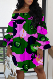 Rose Red Green Casual Print Patchwork Off the Shoulder Long Sleeve Plus Size Dresses