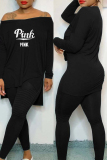 Black Casual Letter Print Slit V Neck Long Sleeve Two Pieces